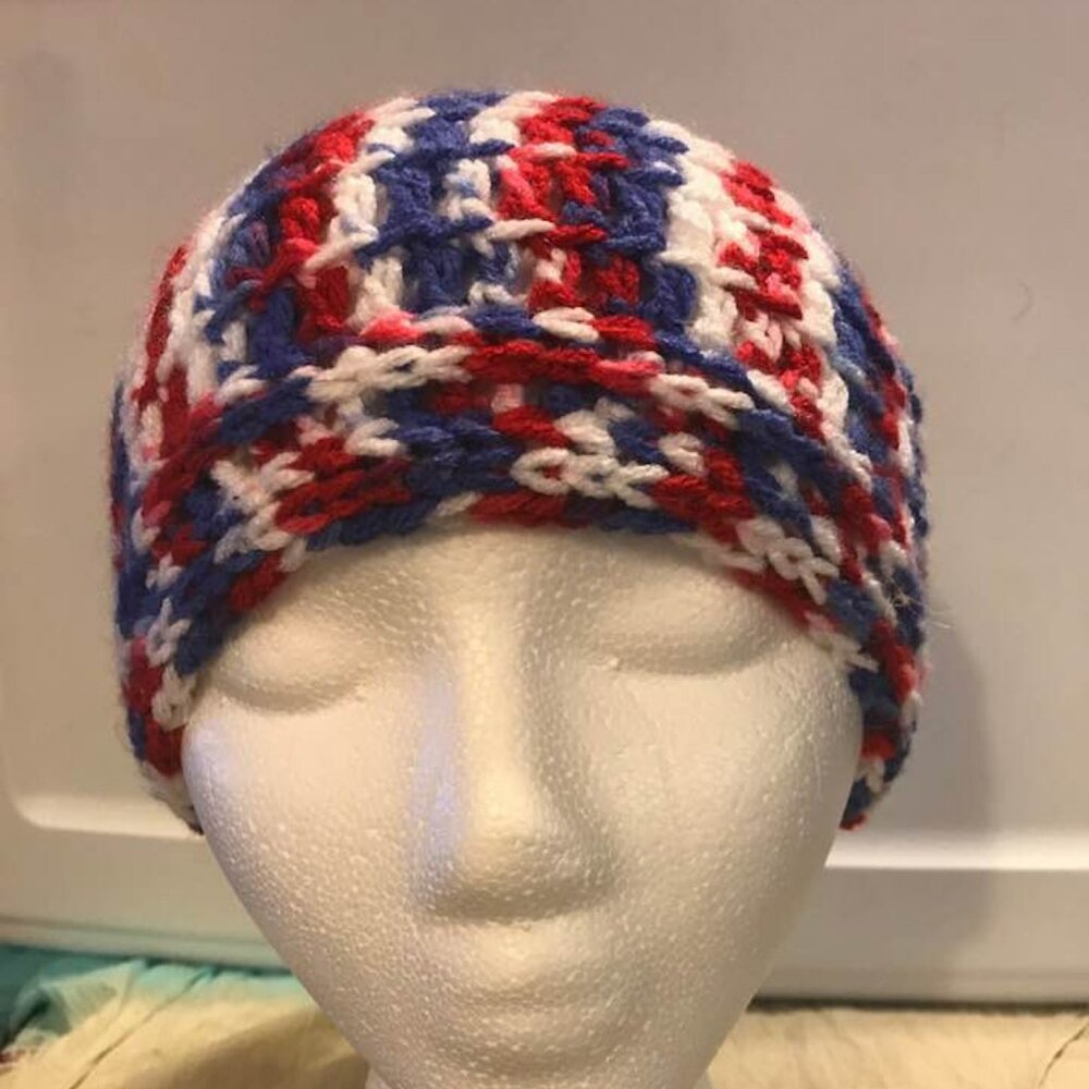 🐻New Child's Handmade  Beanie - Red, White, and Blue - 17"-23" Circumference